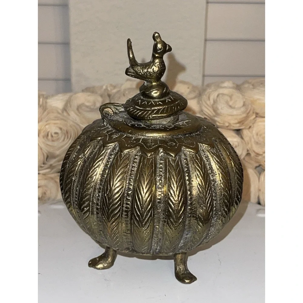 Antique Indian Cast Bronze Mughal‎ Footed Ink Well w/ Peacock Lid & Fluted Sides